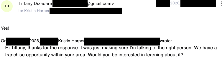 Verified franchise buyer email reply